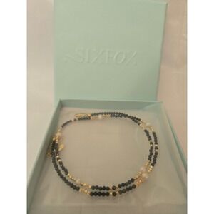 SIXFOX Double Strand Beaded Bracelet Black Pearls Gold Tone Accent